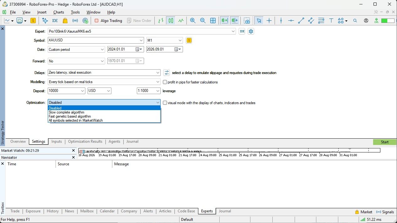Скриншот: AI Pro100 іске қосуға арналған MetaTrader 5 стратегия тестерінің Settings қойындысы